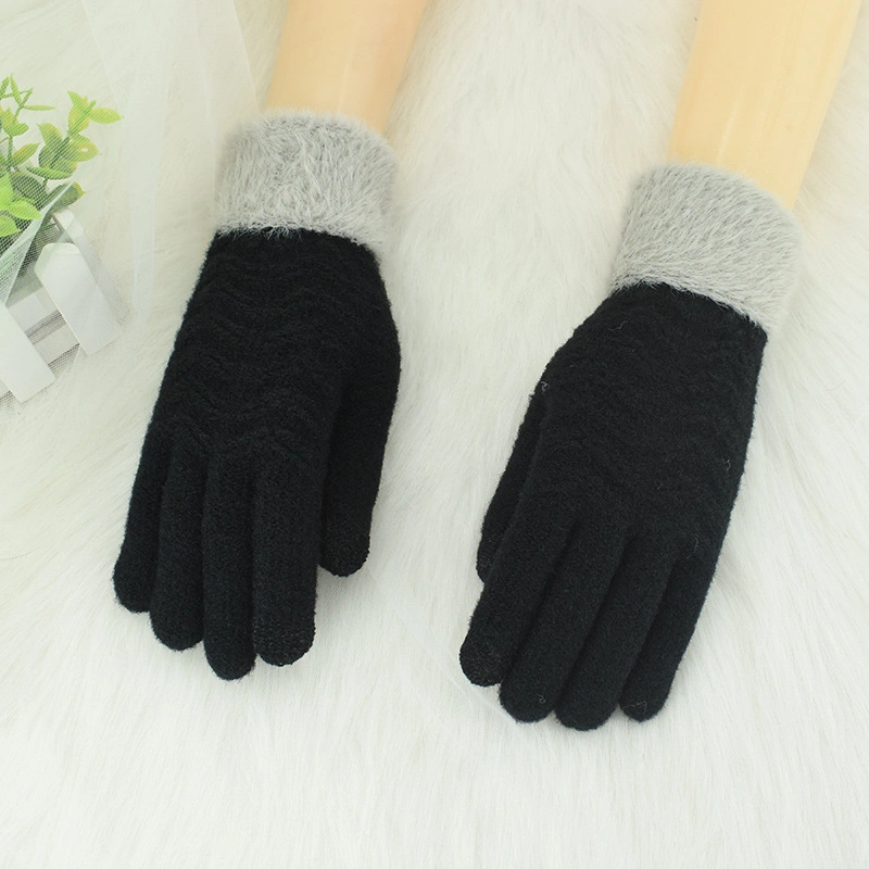 Women&prime;s Winter Knitted Plus Velvet Thickened Warm Touch Screen Five-Finger Wool Driving Outdoor Gloves