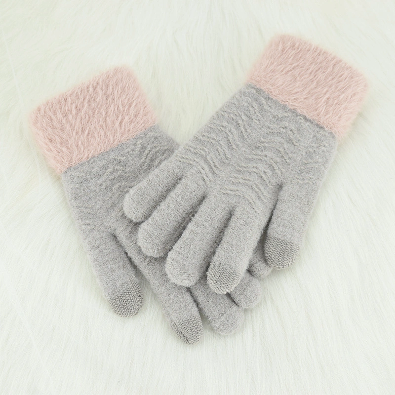 Women&prime;s Winter Knitted Plus Velvet Thickened Warm Touch Screen Five-Finger Wool Driving Outdoor Gloves
