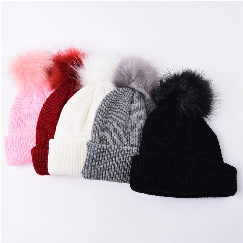 Pompom Knitted Beanie Custom 100% Acrylic Soft Warm Winter Hats