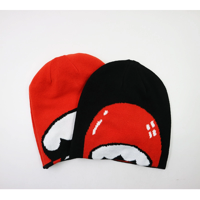 Premium Quality Designer Reversible Jacquard Logo Custom Knit Beanie Hat Skull Cap