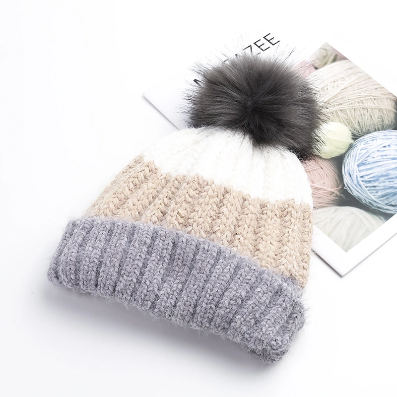 High Quality Custom Pompom Jacquard Striped Acrylic Adults Knitted Winter Beanie Hat