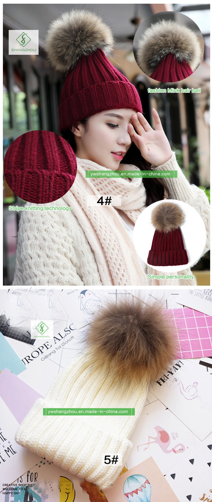 New Handmade Raccoon Fur Pompoms Fashion Lady Knitted POM Hat