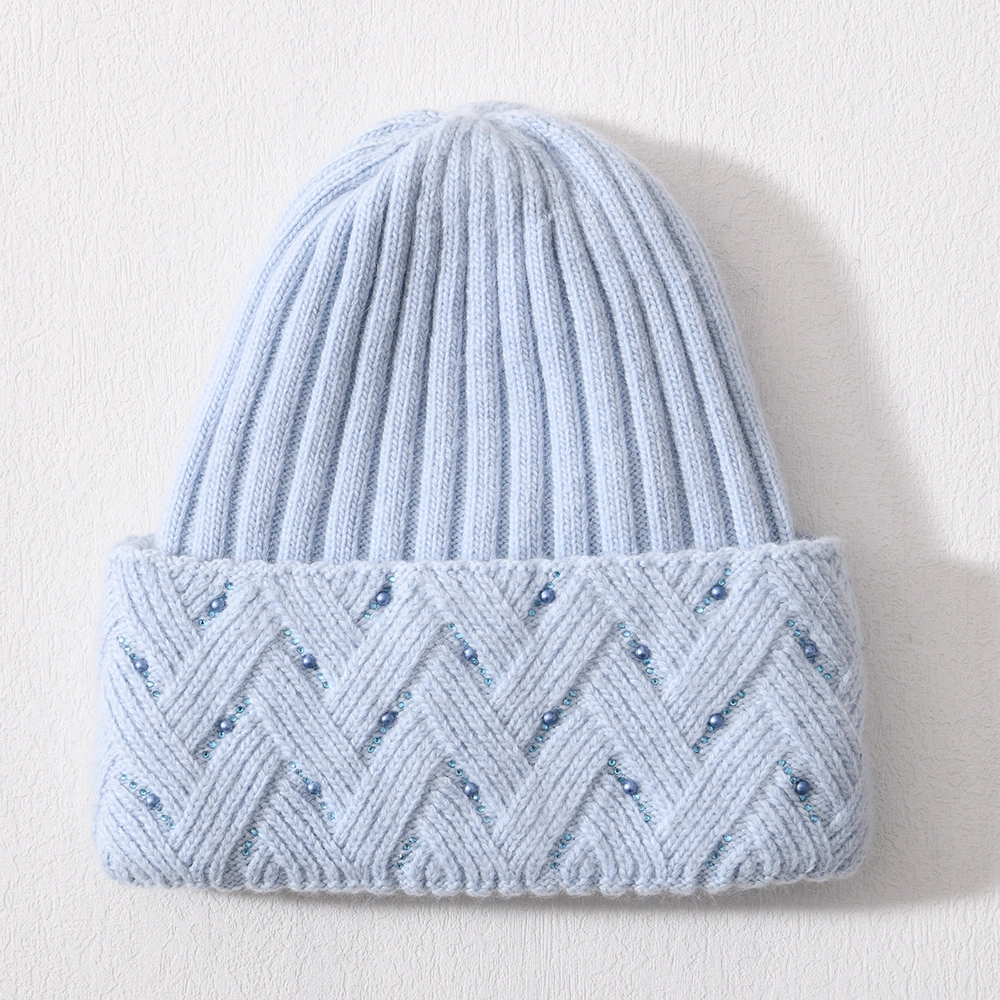 Knit Winter Hat Thick Warm Women Custom Cashmere Beanie Knitted Striped Blue Beanie