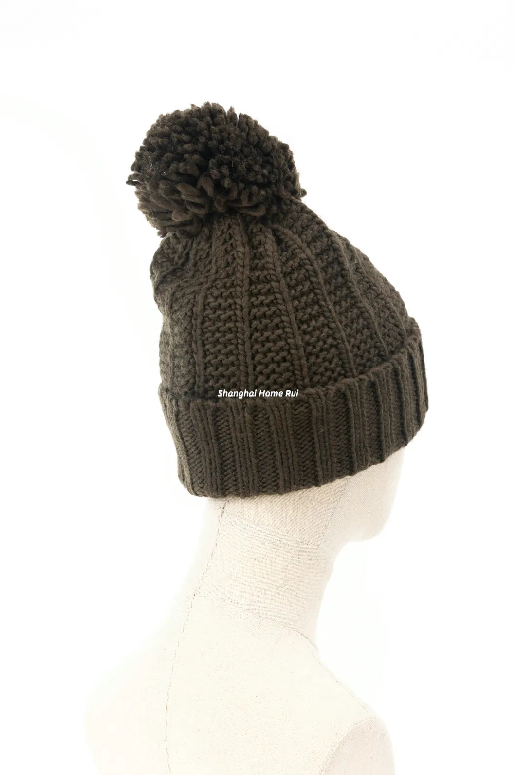 Unisex Warm Soft Slouchy Chunky Acrylic Fold Edge Brown Pompom Knitted Rib Line Striped Bonnet Casual Beanie Hat