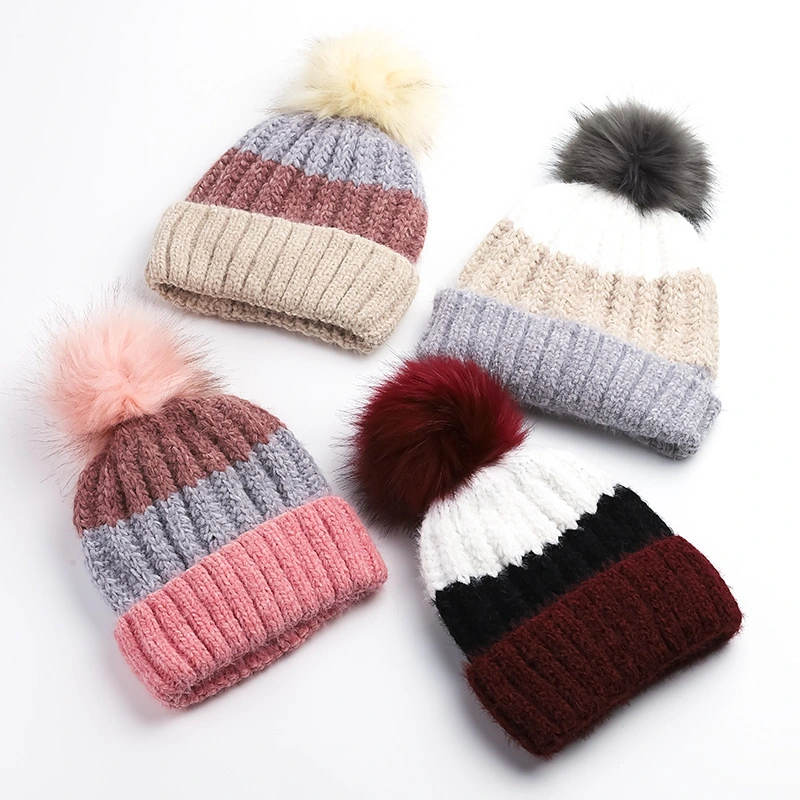 High Quality Custom Pompom Jacquard Striped Acrylic Adults Knitted Winter Beanie Hat