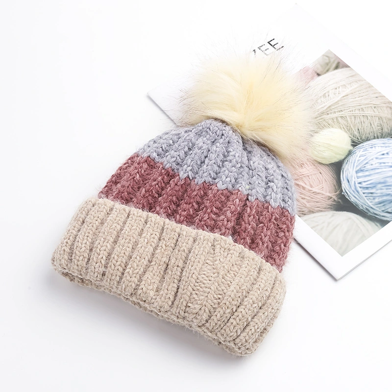 High Quality Custom Pompom Jacquard Striped Acrylic Adults Knitted Winter Beanie Hat