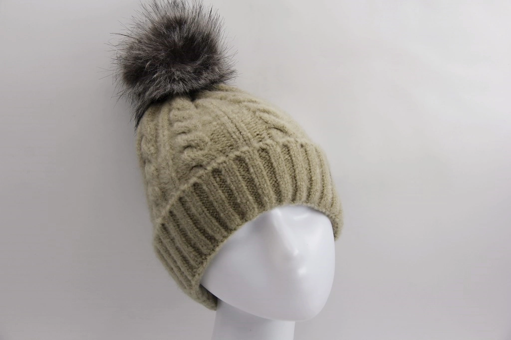 Knitted Child Winter Hat with Faux Fur Pompon Cuff - Acrylic Single Layer