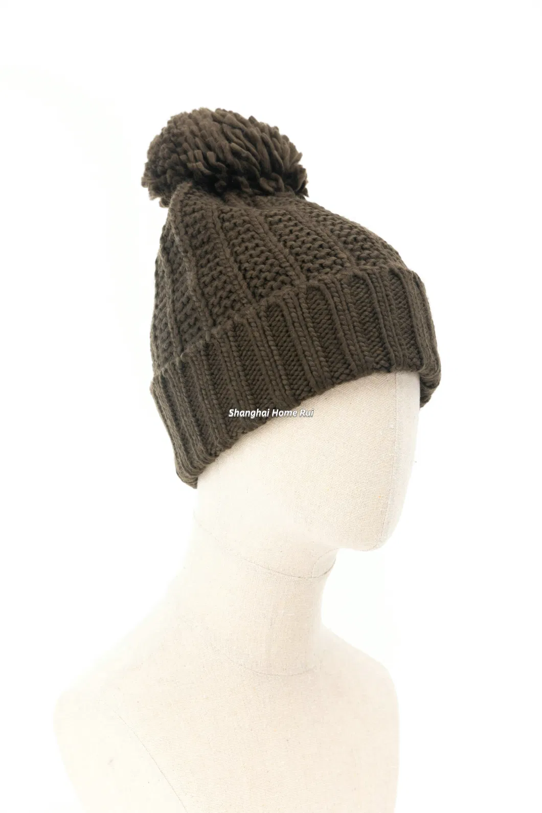 Unisex Warm Soft Slouchy Chunky Acrylic Fold Edge Brown Pompom Knitted Rib Line Striped Bonnet Casual Beanie Hat