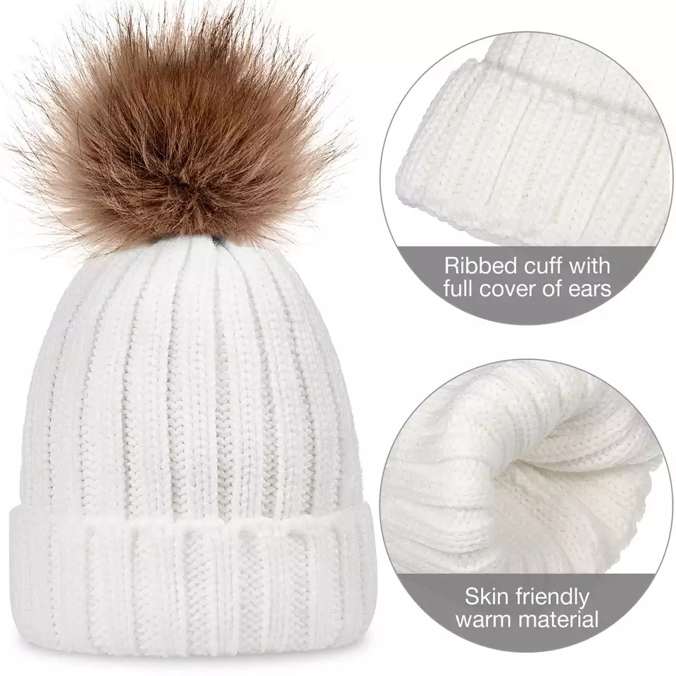 Women Winter Faux Fur POM POM Beanie Soft Balls Knitted Skullies Pompom Beanies Wholesale Winter Hats and Gloves