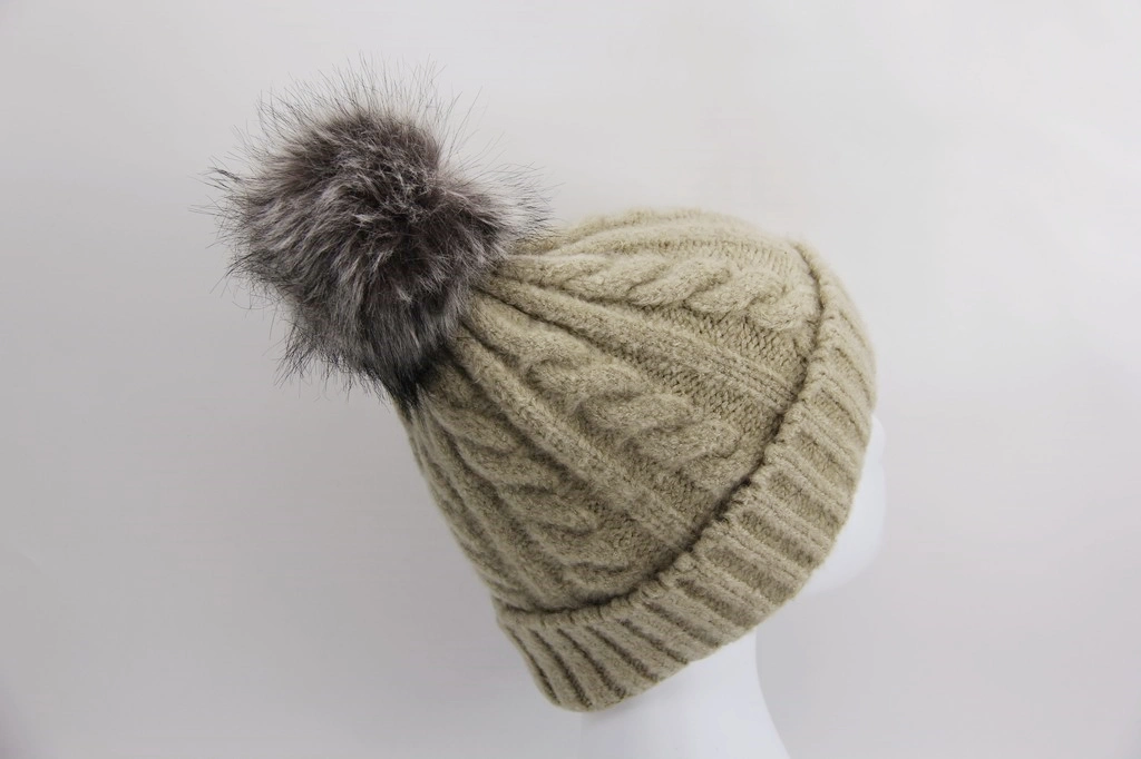 Knitted Child Winter Hat with Faux Fur Pompon Cuff - Acrylic Single Layer