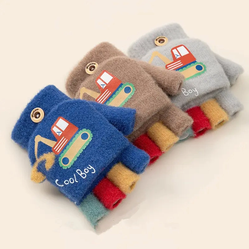 Kids Knitted Flip Cover Half Finger Gloves Cute Winter Warm Fingerless Gloves