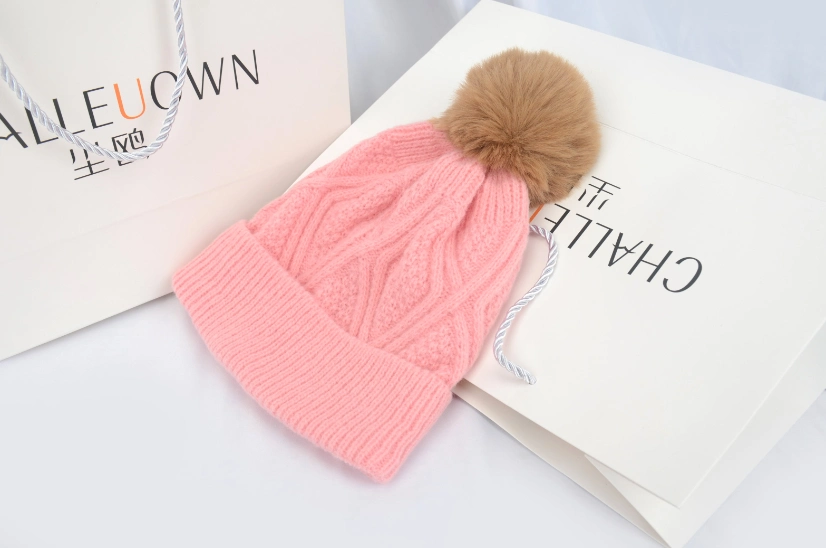 New Fashion Cuffed Luxury Wool Knit Diamond Pattern Pompon Hat