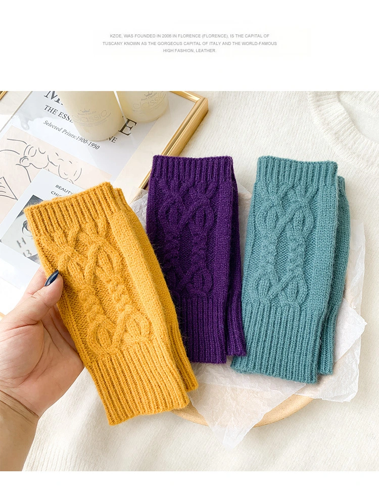 Half-Cut Female Winter Fingerless Cute Student Writing Vertical Striped Wool Knitted Gloves