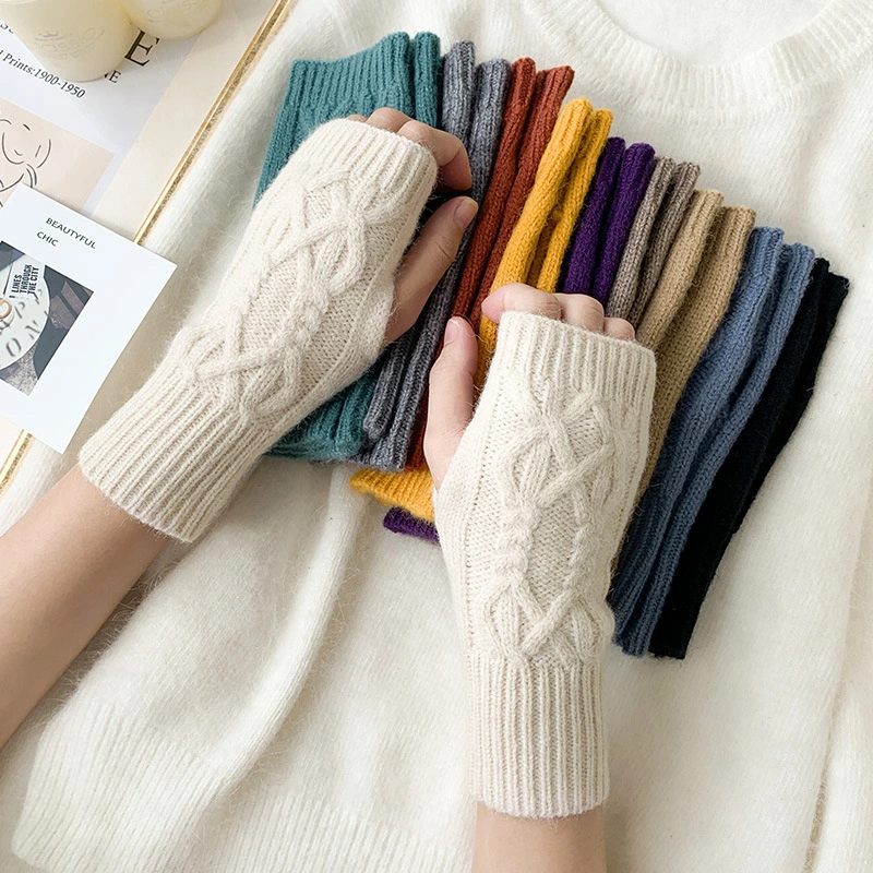 Half-Cut Female Winter Fingerless Cute Student Writing Vertical Striped Wool Knitted Gloves