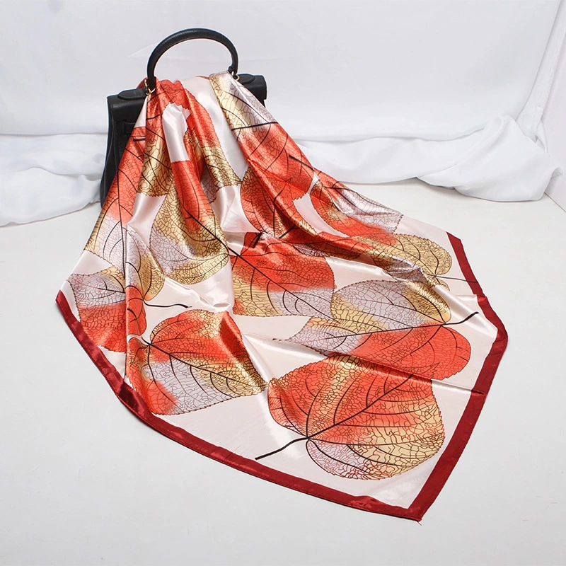 Spring Summer New Fashion Women Decorative Silk Square 90*90cm Twill Leaf Pattern Print Monochrome Gift Polyester Satin Custom Soft Lady Scarf