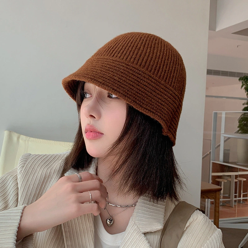 Women&prime;s Solid Color Knitted Chunky Cable Bucket Hat Striped Bucket Hat