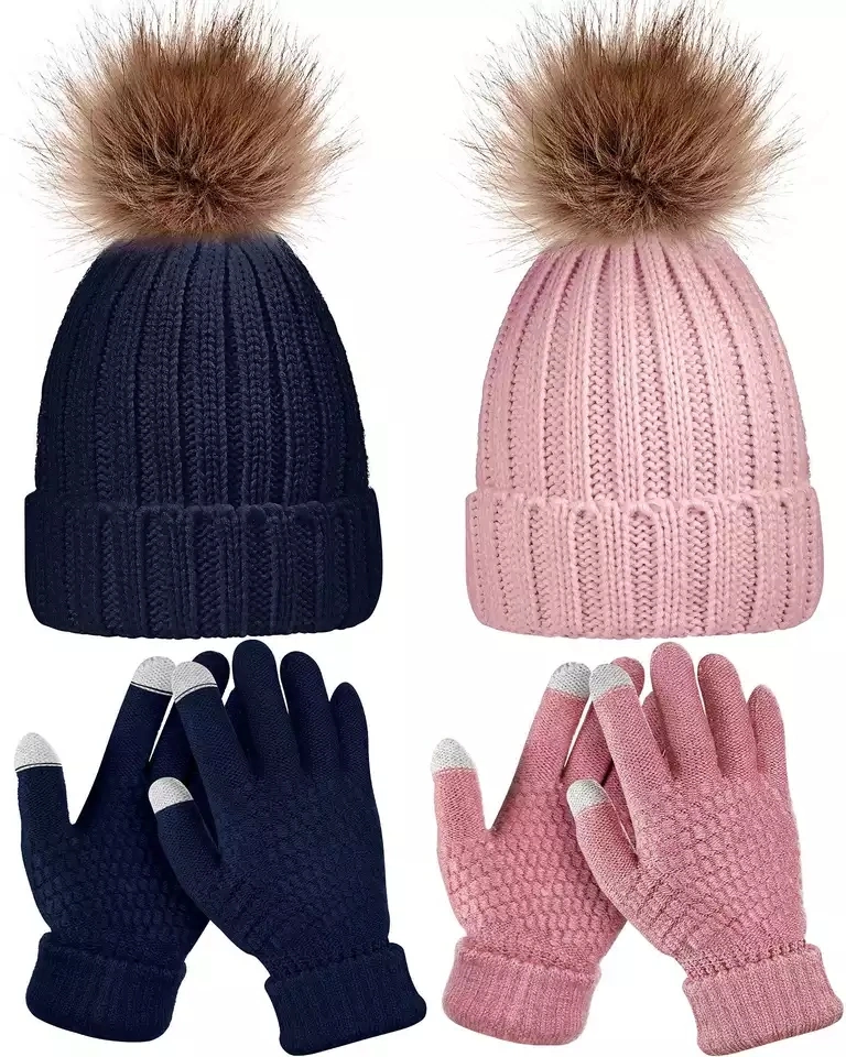 Women Winter Faux Fur POM POM Beanie Soft Balls Knitted Skullies Pompom Beanies Wholesale Winter Hats and Gloves