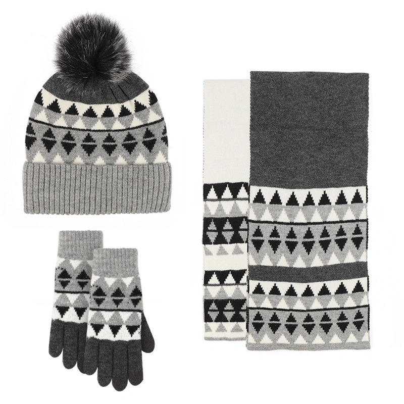 Wholeseller Customized Winter Fashion Knitted Wool Acrylic Triangle Jacquard Ladies Hat Touch Screen Gloves Scarf Beanies 3PCS Sets