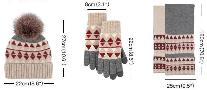 Wholeseller Customized Winter Fashion Knitted Wool Acrylic Triangle Jacquard Ladies Hat Touch Screen Gloves Scarf Beanies 3PCS Sets