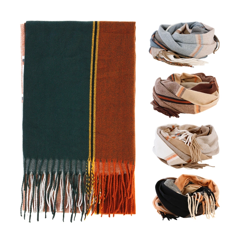 Fashion Warm Fringe Scarf Cashmere Soft Feeling Poly Viscose Plaid Winter Scarves with Fringe