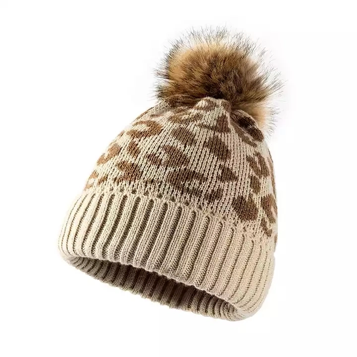 2022 New Trend Soft Fur Ball Leopard Cheetah Chunky POM POM Knit Beanie Cap Women Trendy Man Warm Winter Hat