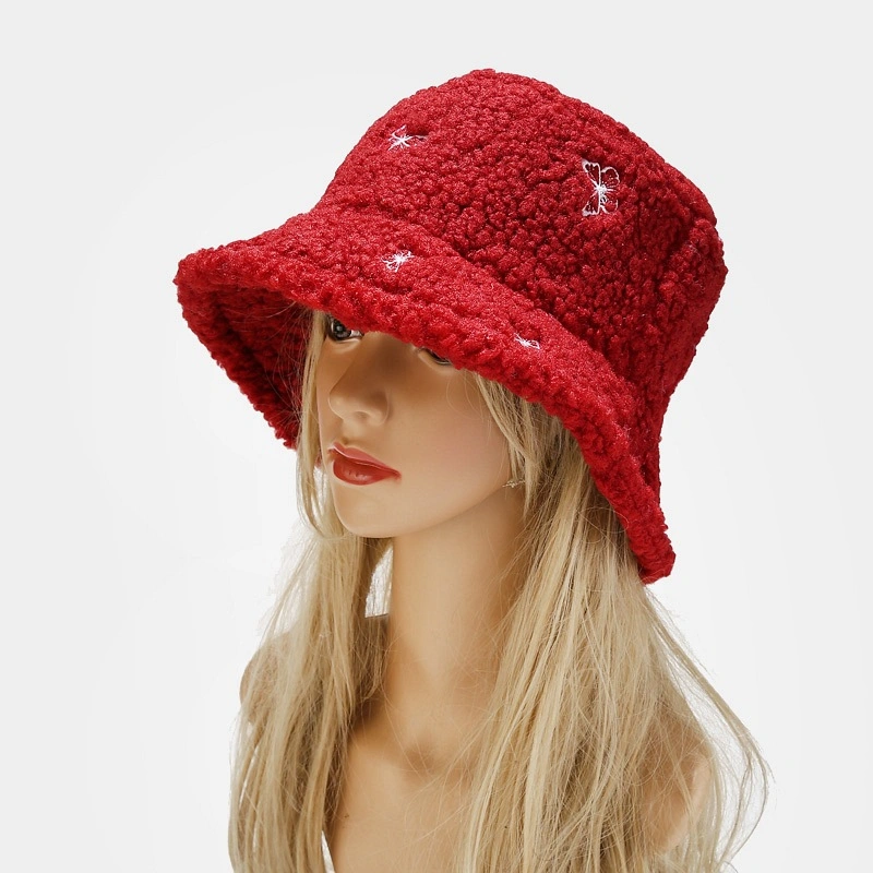 Winter Adults Fashion Embroidery Polar Fleece Fisherman Women Bucket Hat