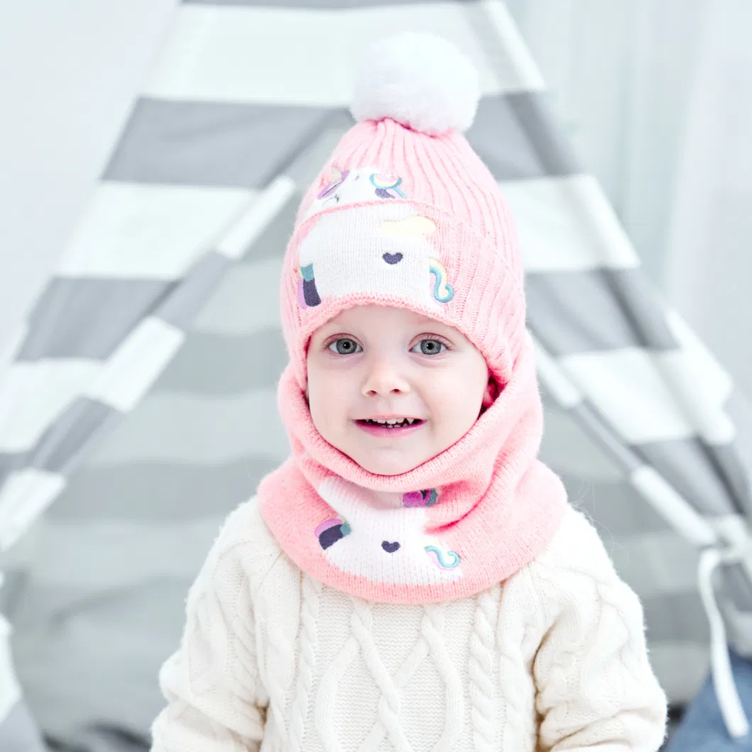 Cartoon Fashion Children Winter Hat for Kids Wool Scarf Hats Set Two-Piece Cute Customized Baby Knit POM POM Beanie