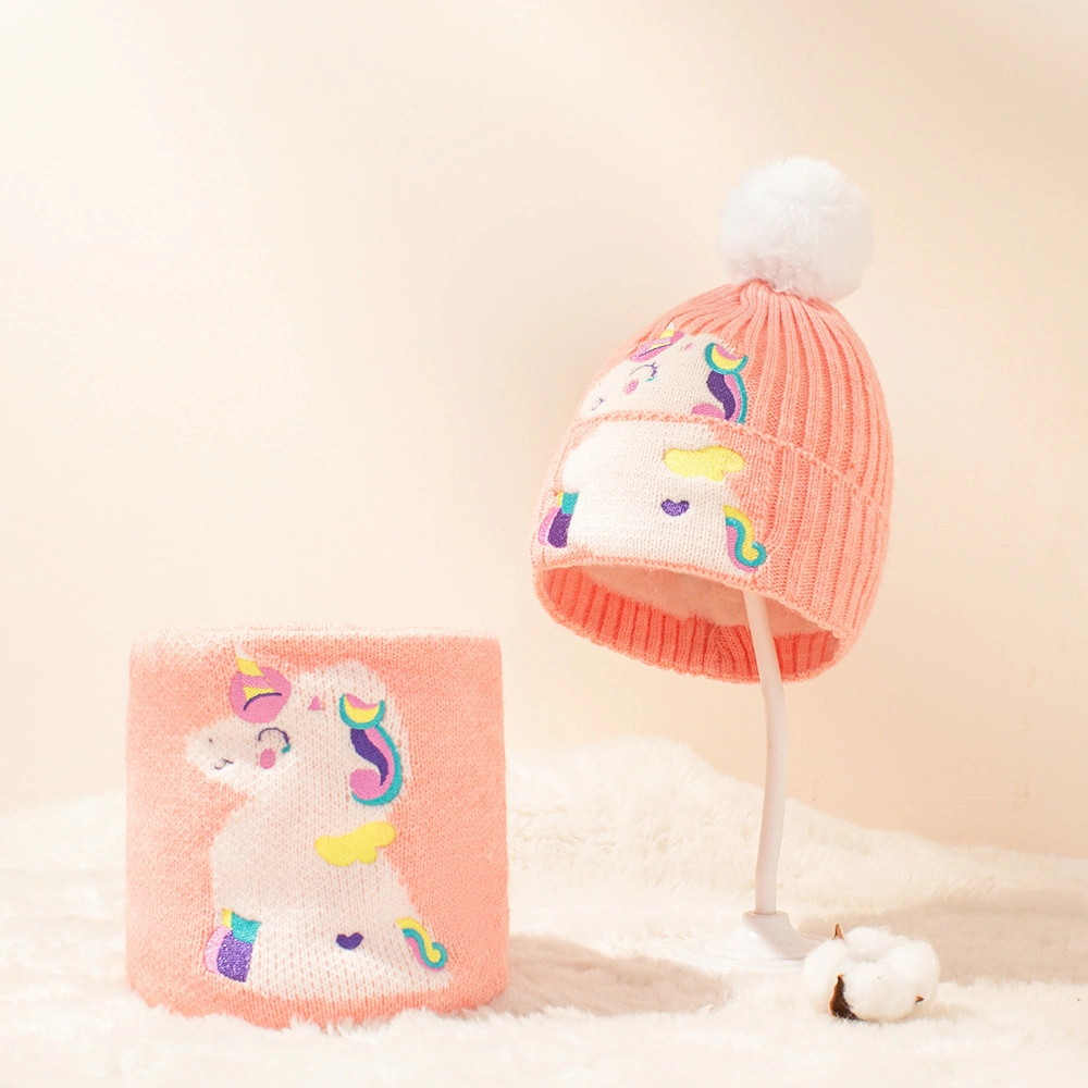 Cartoon Fashion Children Winter Hat for Kids Wool Scarf Hats Set Two-Piece Cute Customized Baby Knit POM POM Beanie