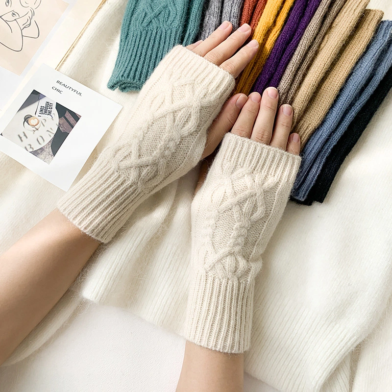 Half-Cut Female Winter Fingerless Cute Student Writing Vertical Striped Wool Knitted Gloves