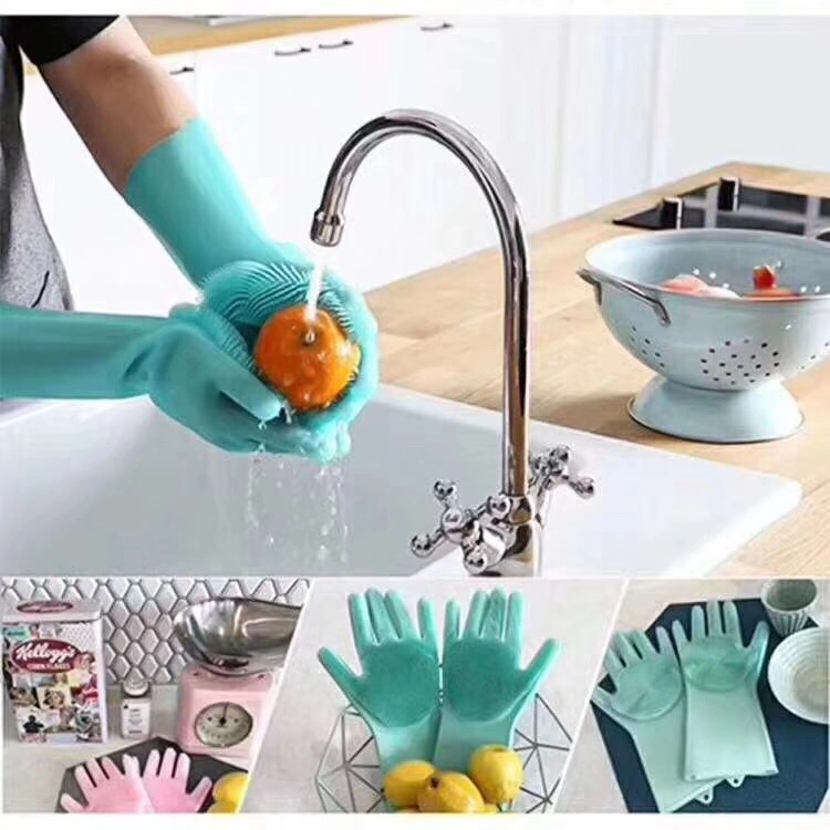 Custom Made 100% Food Grade BPA Free Silicone Rubber Heat Resistant Brush Magic Scrubber Washing Cleaning Dishwashing Gloves