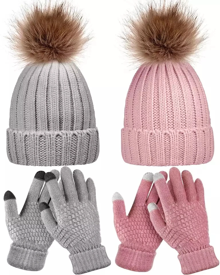 Women Winter Faux Fur POM POM Beanie Soft Balls Knitted Skullies Pompom Beanies Wholesale Winter Hats and Gloves