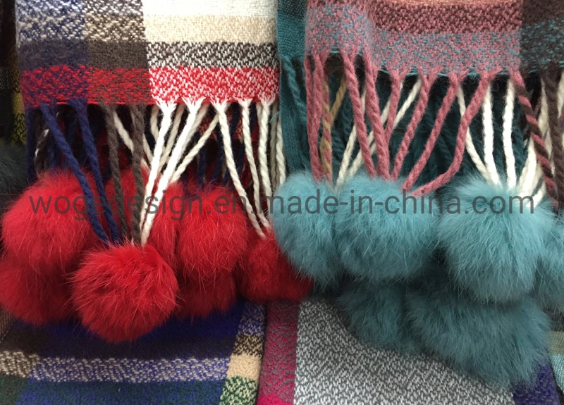 Top Sold Woge Supplier Wholesale Winter Femme Wrap Pashmina Other Shawl Acrylic Plaid Tartan Scarf with Rabbit Fur Pompoms