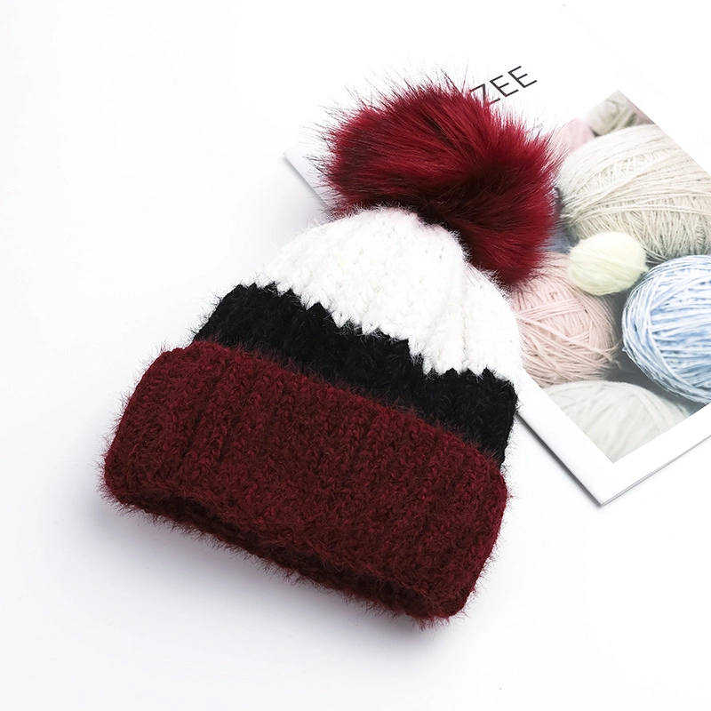 High Quality Custom Pompom Jacquard Striped Acrylic Adults Knitted Winter Beanie Hat