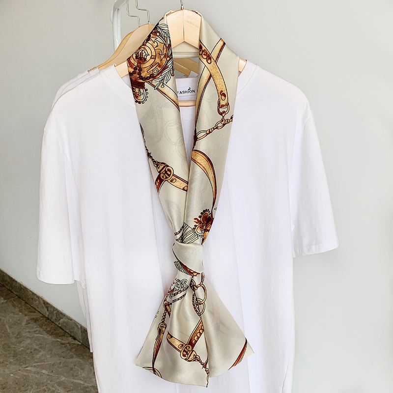 Skinny Scarf Feather Print Chic Narrow Long Scarf Foulard Fashion Bag Scarf Skinny Small Ribbon Head Hair Handle Scarf Decoration Tie