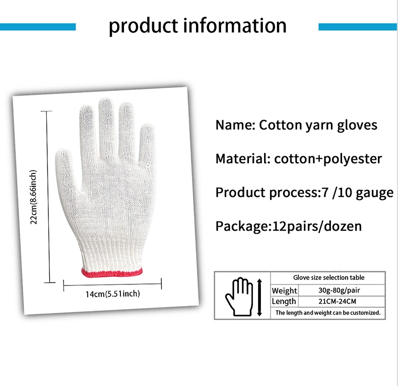 China Wholesale Price 7/10guage White Cotton Knitted Guante Safety Gloves for Construction/Industrial/Work/Working/Protective