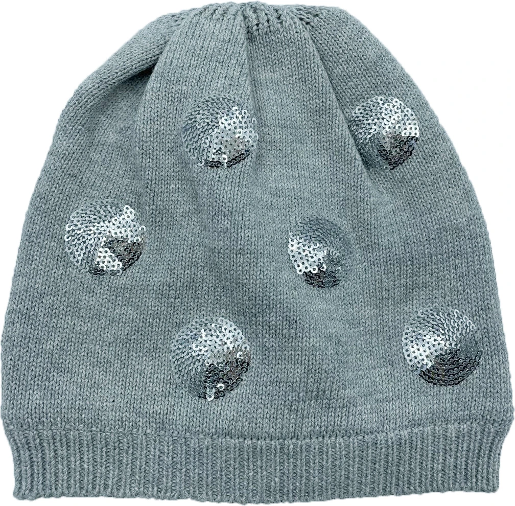 Grey Color Cotton Fleece Lining Sequins Girls Winter Beanie Hat