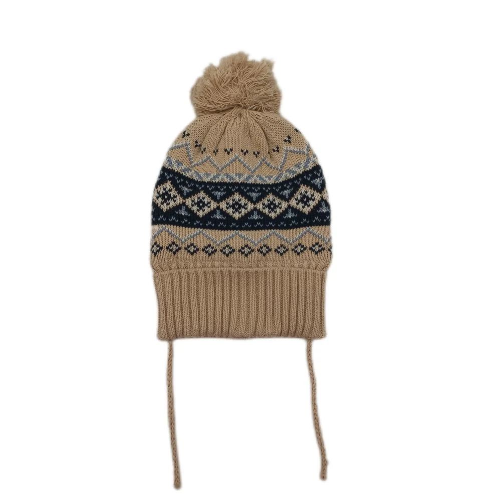 Baby Cap Boys Cotton Jacquard Knitted Hat with Polar Fleece Lining, Pompom and String