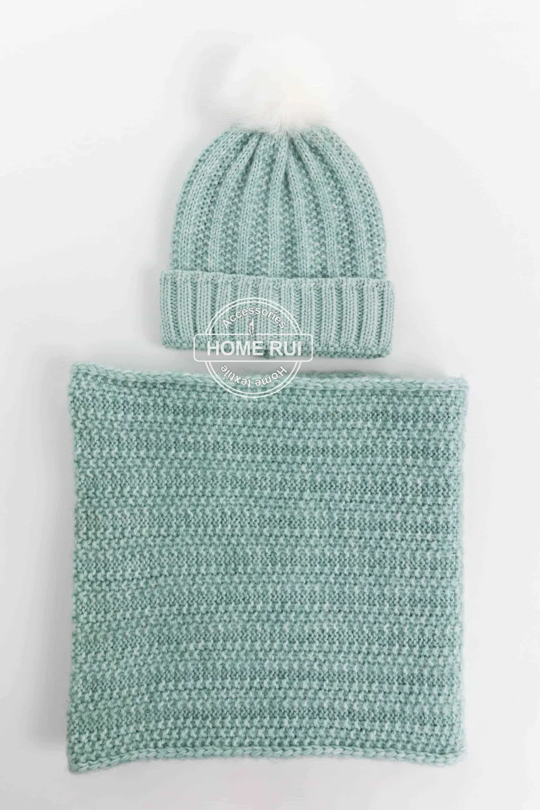 Unisex Women Mint Beanie Scarf Winter Sets Warmer Chunky Thicken Hat Cap Neckgaiter Oversize Bobble Knit Snood POM Hat Bonnet