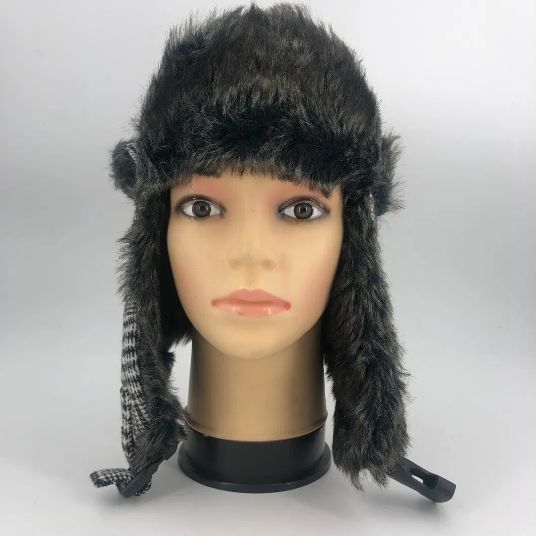 Unisex Soft Faux Fur Bomber Earflap Windproof Cap Winter Trooper Hat Classic Grid Stripe