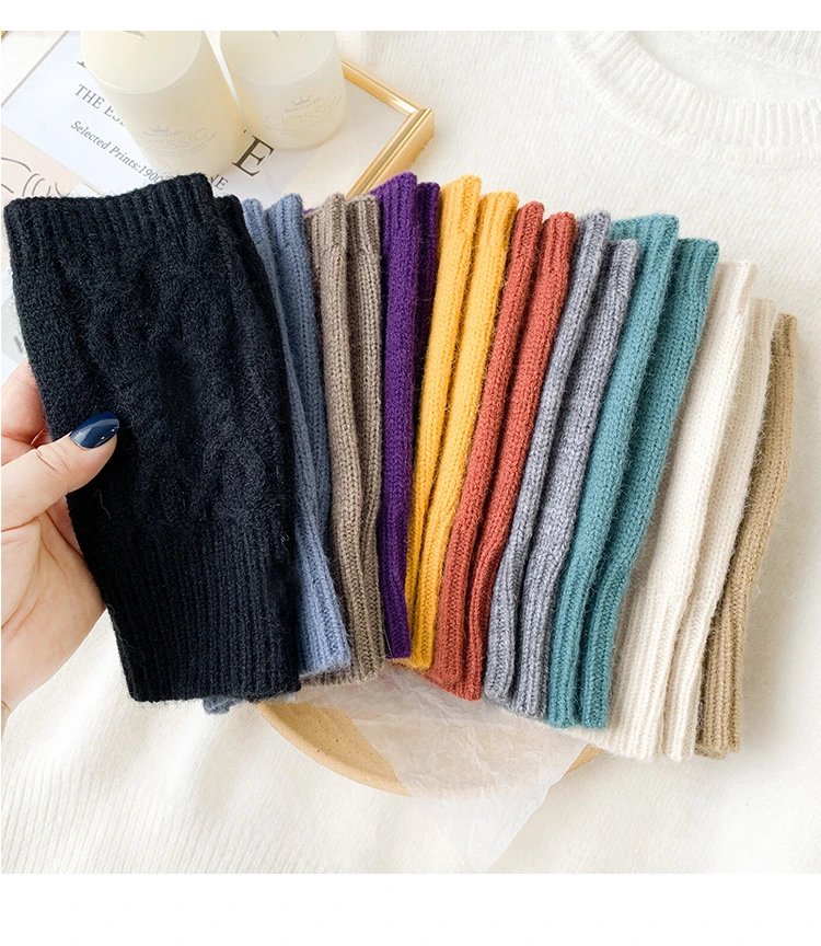 Half-Cut Female Winter Fingerless Cute Student Writing Vertical Striped Wool Knitted Gloves