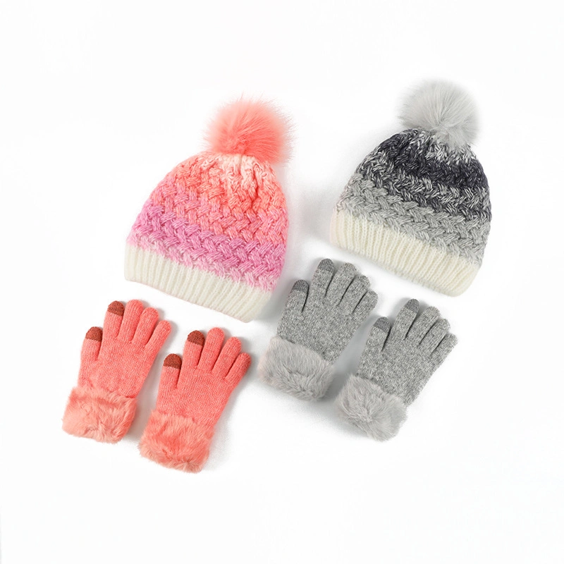 Winter Cute Children&prime;s Knitted Gloves Hat Scarf Two-Piece Outdoor Warm