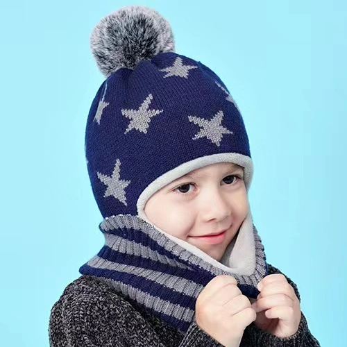 Winter Child Knitted Warm Hat and Fleece Lining Neck Warmer Scarf Set for Kids