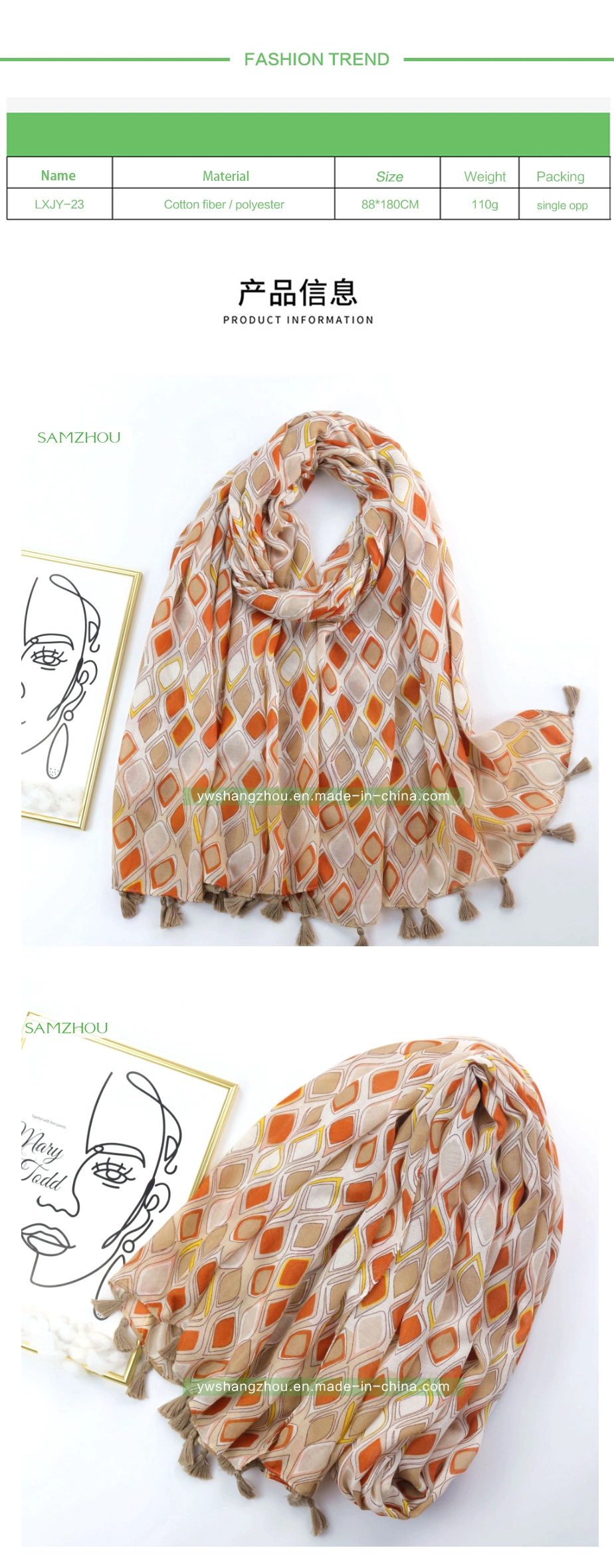 Simple Geometric Satin Printed Shawl Fashion Ladies Scarf with Tassel