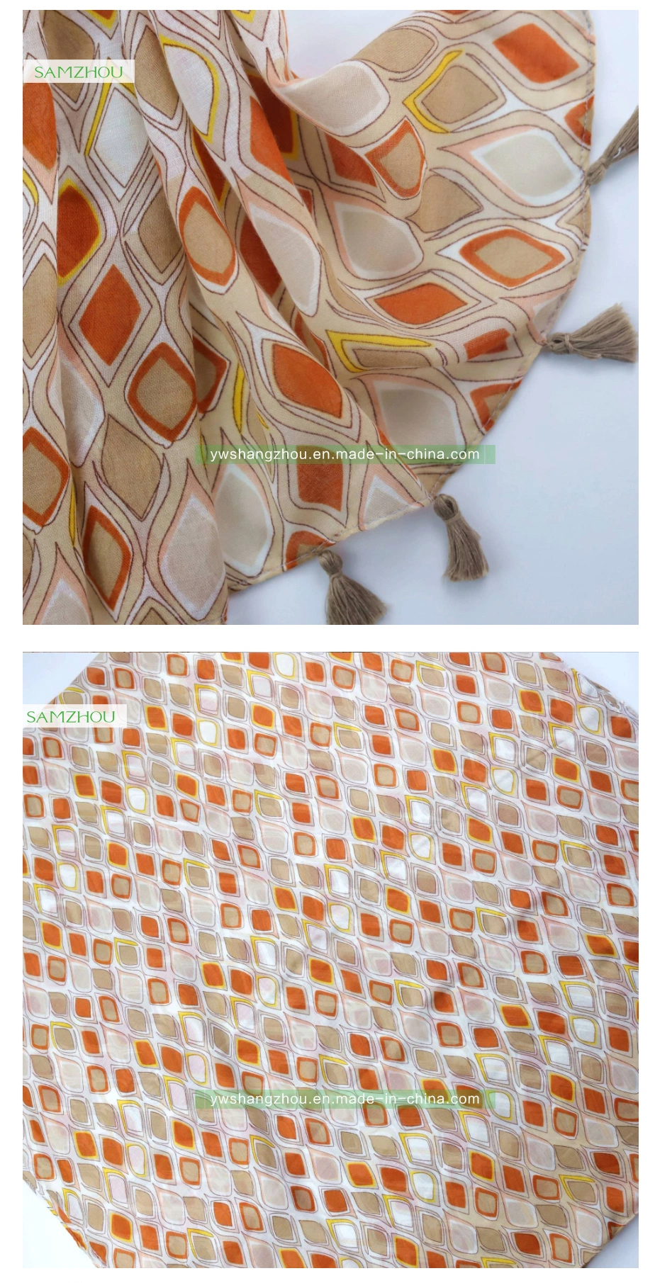 Simple Geometric Satin Printed Shawl Fashion Ladies Scarf with Tassel