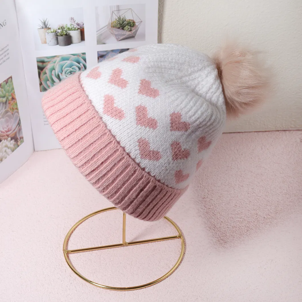 Customize Wool Cap Pink Black Heart Pattern Knitted POM Poms Beanie Hats