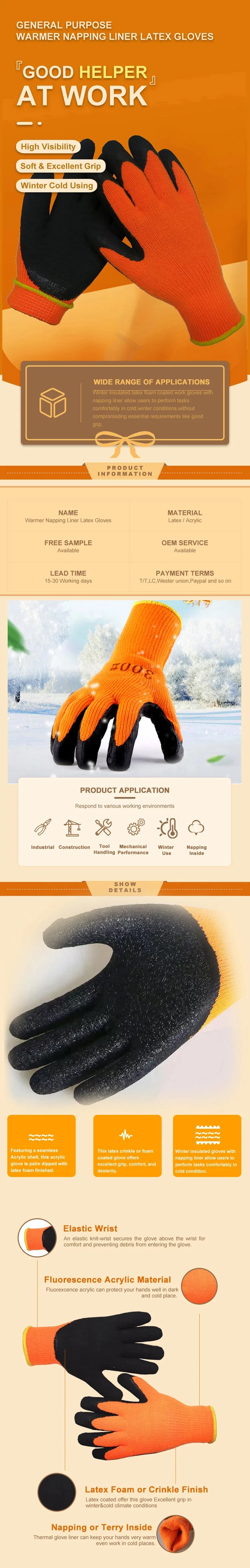 Heavy Flexible Acrylic Napping Inside Terry Cold Weather Thermal Winter Warm Heated Latex Foam Outdoor Work Gloves Luvas Guantes