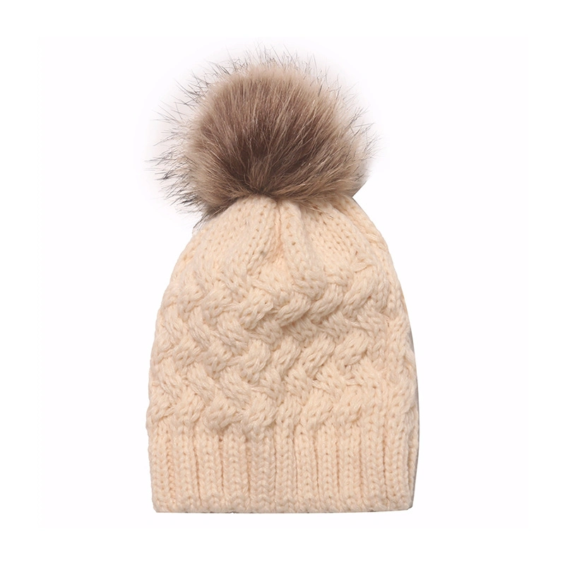 Warm Custom Acrylic Plain Color Cable Childern Kids Pompom Bobble Knitted Winter Beanie Hat