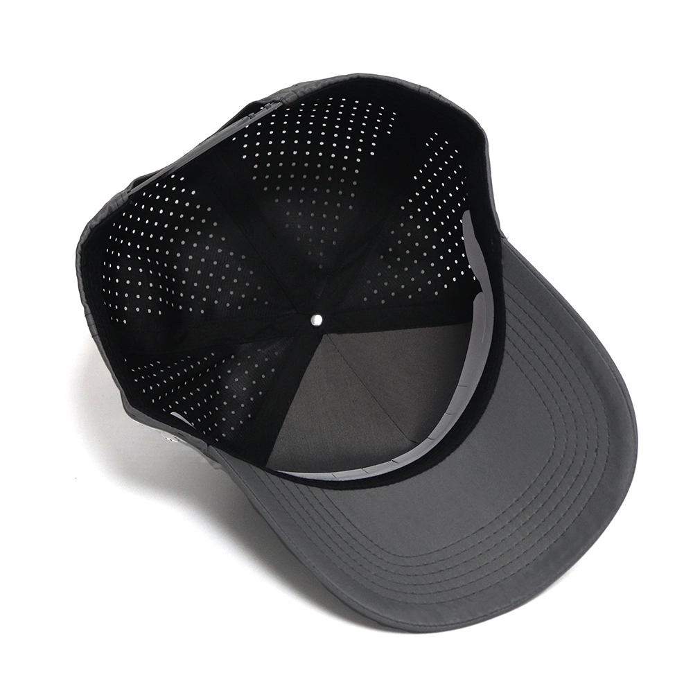 Custom 5 Panel Structured 100% Polyester Grey Golf Hat, Sport Laser Cut Gorras, Waterproof PVC Patch Logo Baseball Cap
