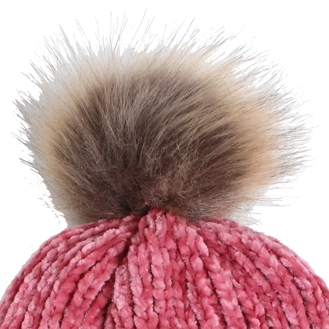 Lady&prime;s Heavy Chenille Set Beanie Hat and Neck Collar Scarf with Faux Fur Pompom