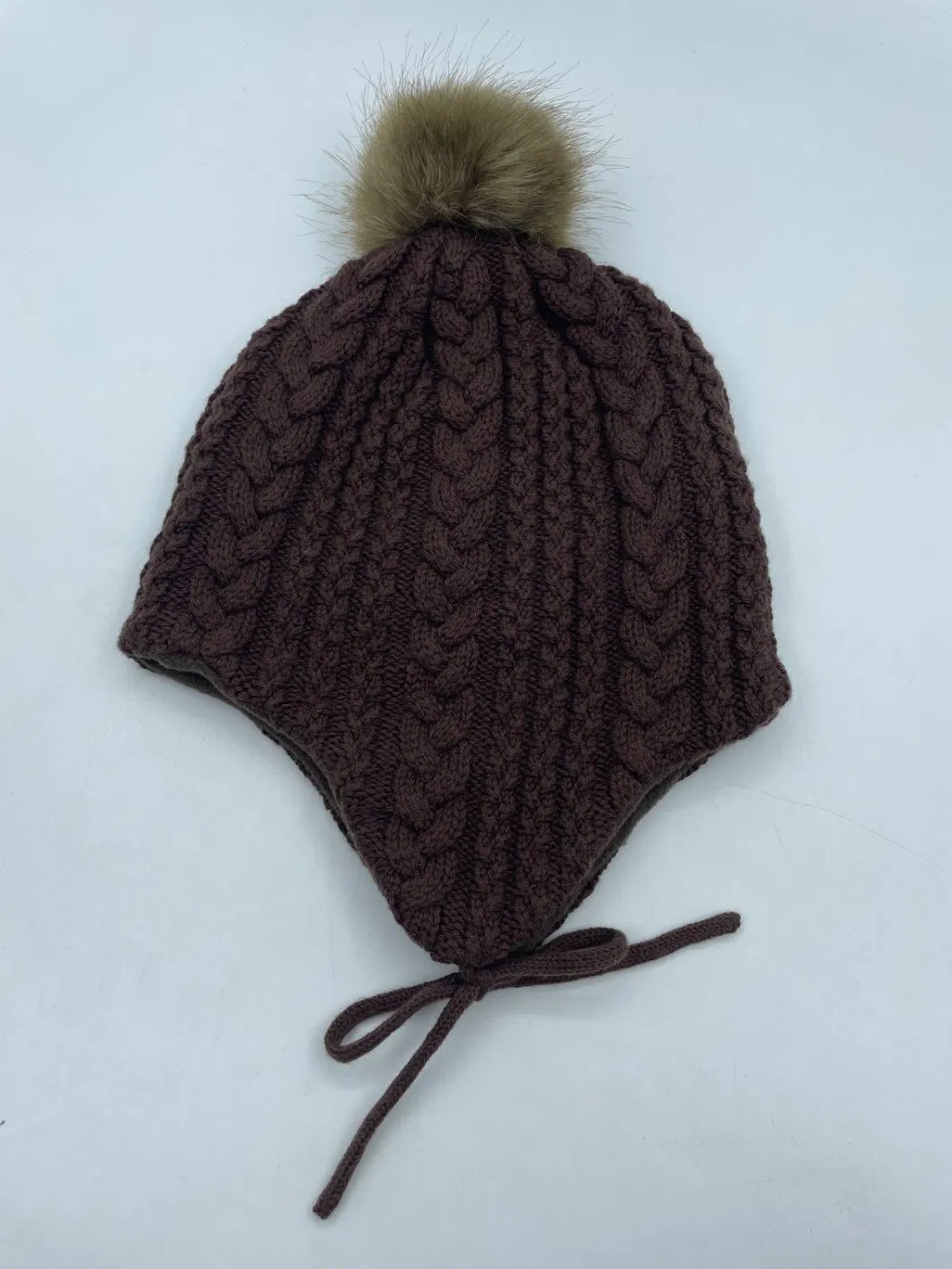 White Brown Cable Acrylic Wool Knit Fleece Lining Earmuff Winter Beanie Hats